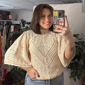 ba&sh Claire Pointelle Bell Sleeve Cotton Eyelet Sweater Off White Size Medium